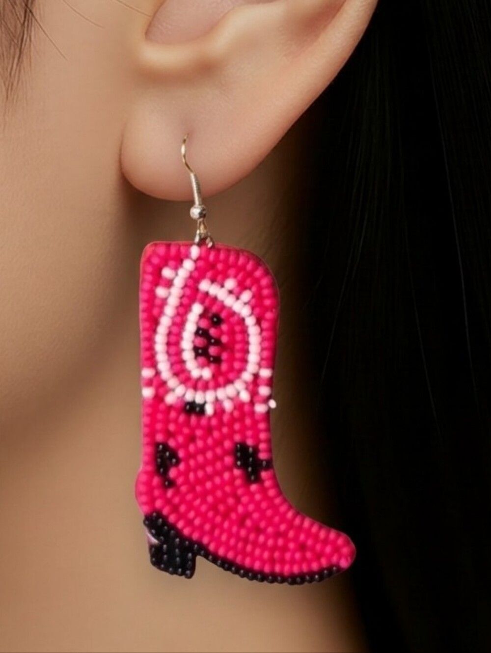 Hot Pink Beaded Cowboy Boot Earrings – Western Coastal Cowgirl Jewelry Barbie